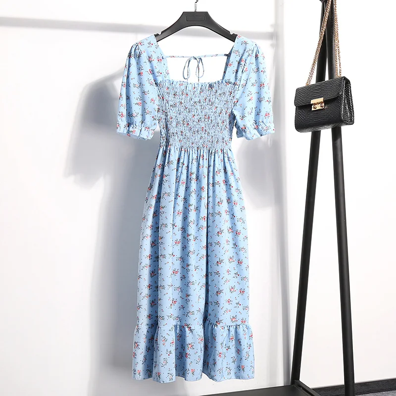 

Women Waist Pleated Floral Printed Dresses 2021 New Summer Short Collar Chiffon Dress Female Backless Vestido