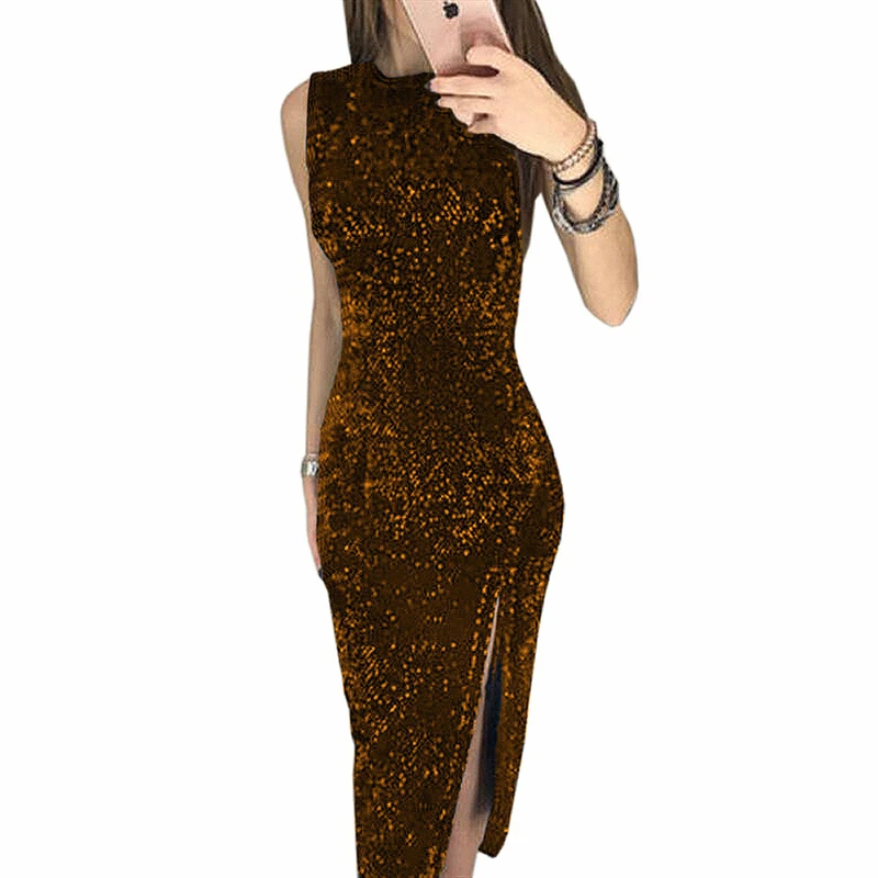 

2020 New Summer Women Solid Color O-Neck Sleeveless Dress Female Fashion Sexy Slim High Quality Sequin Stitching Vestidos QX131