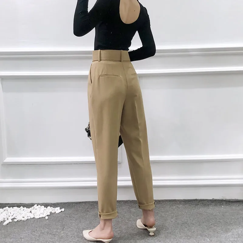 Женские черные брюки с поясом однотонные длинные высокой талией модные