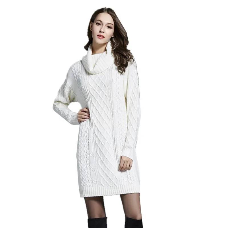 

Женское трикотажное платье-свитер с высоким воротником и длинным рукавом