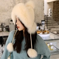 2021 winter new fox fur knit and fluffy yarn hat fashion korean version of ear protection cute warm hat