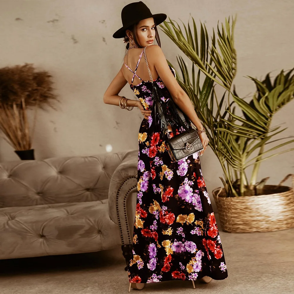 

Sexy Sleeveless Spaghetti Strap Dress Women Backless Print Loose Maxi Dress Summer Casual Party Beach Boho Dresses Elegant Robe