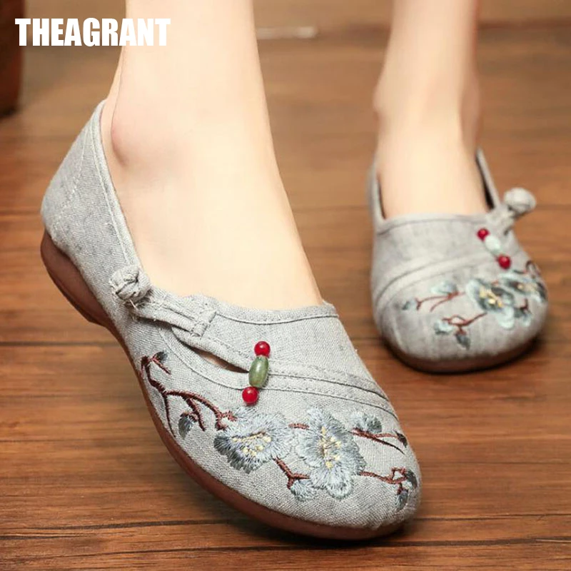 THEAGRANT Flat Shoes Woman Retro Chinese Embroidered Women Slip-on Loafers Floral Canvas Casual Shoes WFS3106