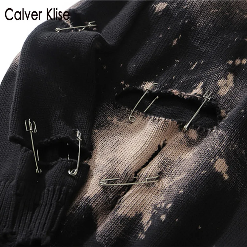 

Calver Klise Tie Dye Pins Distressed Destroyed Holes Knitted Sweaters Jumpers Hip Hop Knitwear Tops Wool Punk Rock Pullover