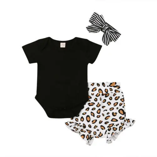 

Summer Baby Girl Clothes Set Cotton Short Sleeve Black Bodysuit Leopard Shorts Set with Headband Boutique Baby Girls Outfits Set