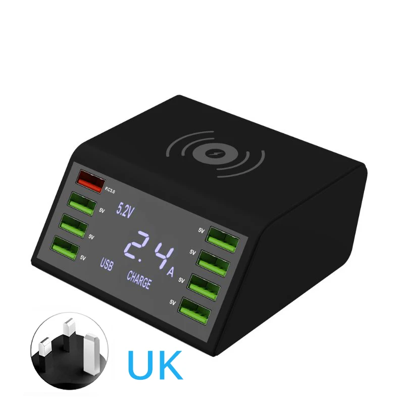UK plug 60 Вт USB Quick Зарядное устройство 8-Порты и разъёмы светодиодный Дисплей Быстрая зарядка 3,0 быстрая Зарядное устройство рабочего стола 10 Вт Беспроводная зарядная станция зарядка через usb паяльная станция - Тип штекера: UK plug