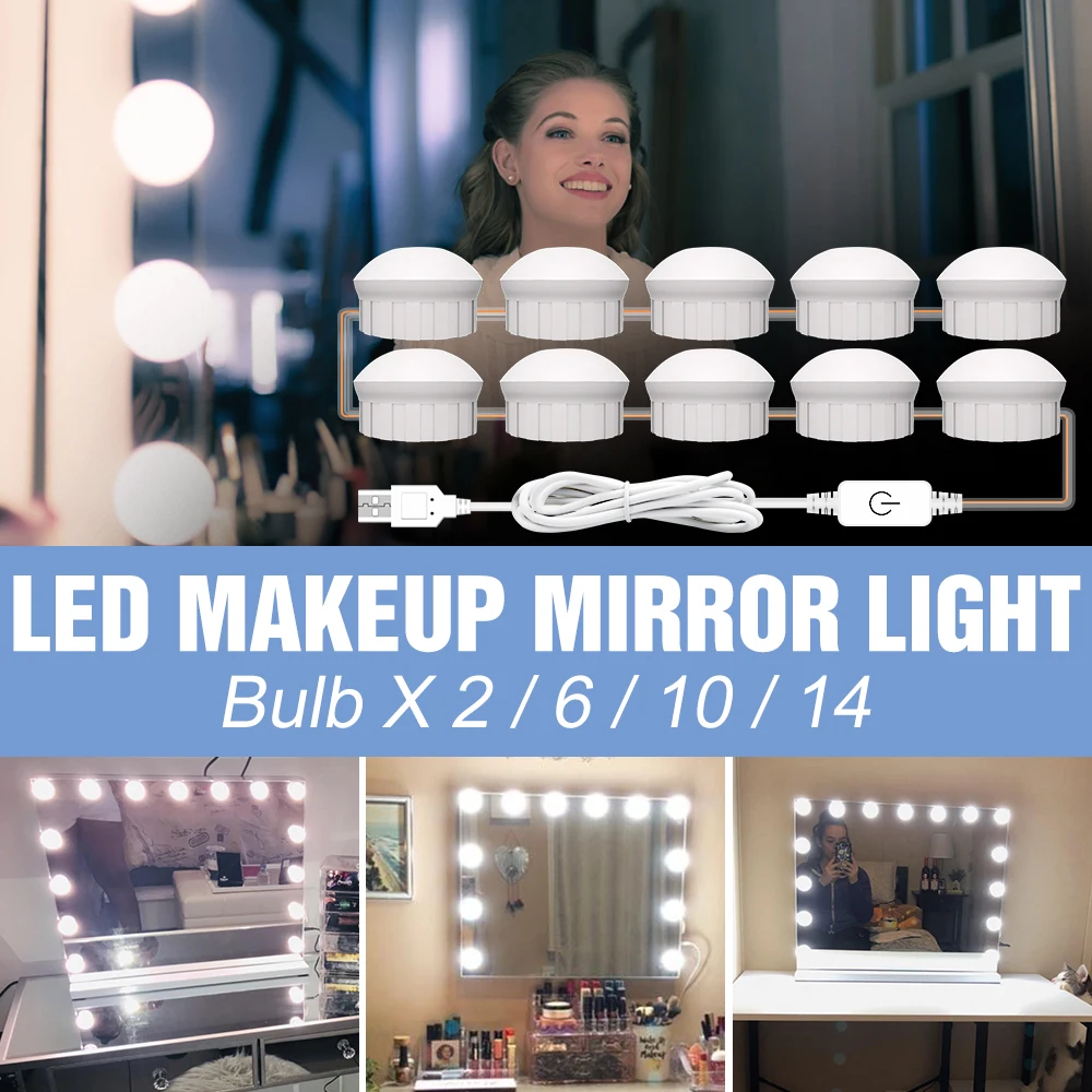 

DC12V LED Mirror Light USB Hollywood Vanity Lamp 2 6 10 14 LED Makeup Bulbs Kit For Dressing Table Stepless Dimmable Wall Lamps