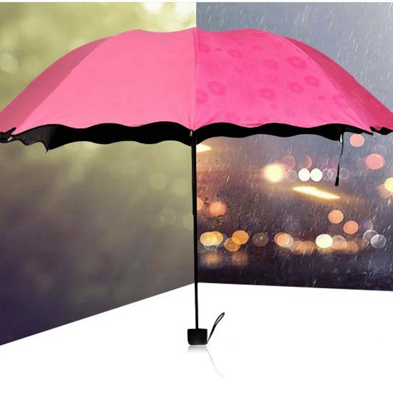 

Ladies'sunshine umbrella blossoms in water changes color parasol umbrella triple fold black rubber sunscreen UV woman umbrellas