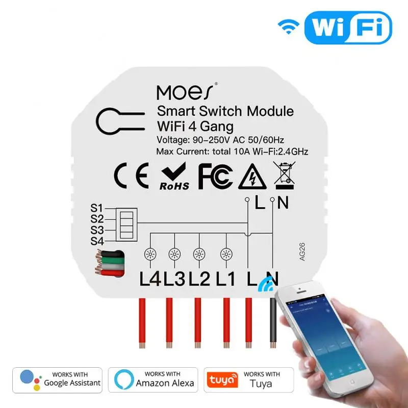 

Смарт-светильник ель Tuya с Wi-Fi, 4 клавиши, 1/2 каналов, 1-5 шт.