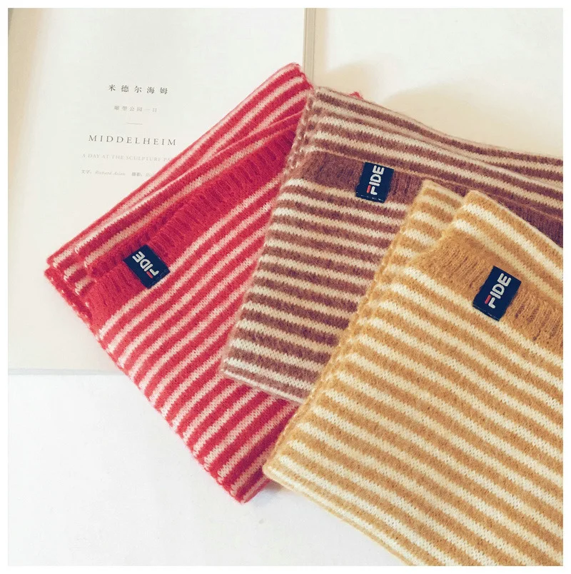 Корейский полосатый разноцветный детский шарф Зимний вязаный теплый Снуд