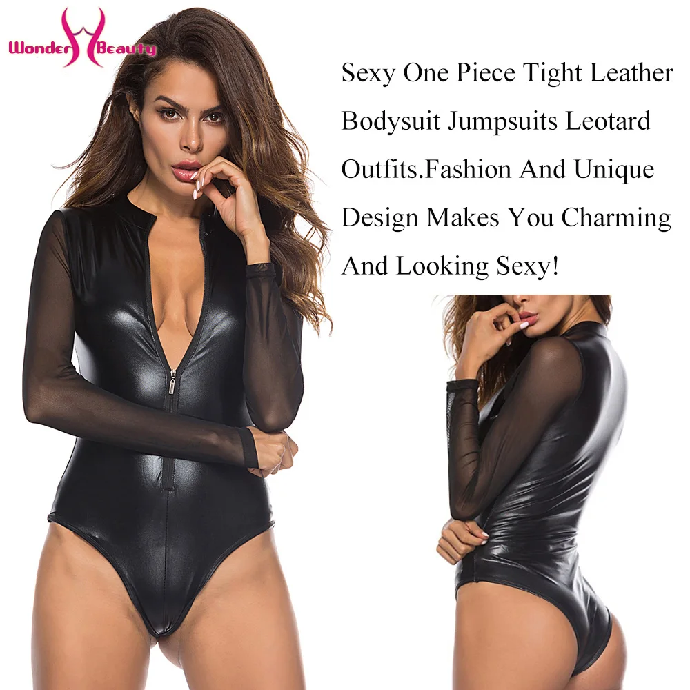 Black Mesh Long Sleeve Faux Leather Bodysuit Zipper Women Plus Size 4XL PU Body Feminino Sexy Clubwear Party PVC Bodysuits