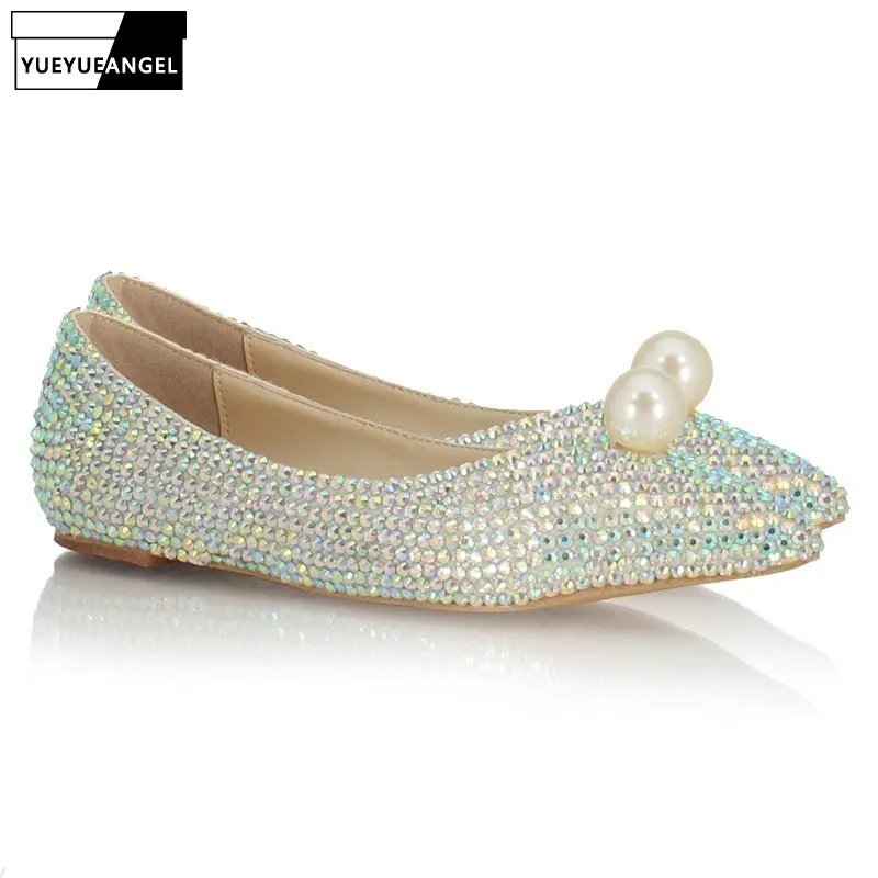Туфли женские на плоской подошве без застежки с блестками жемчуг заостренный