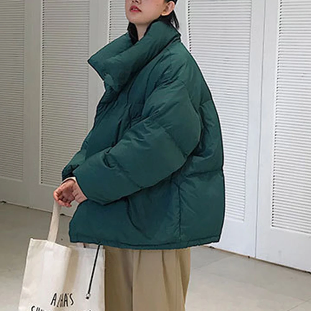 PUIMENTIUA Winter Warm Jacket Women Stand Collar Solid Black White Female Down Coat Loose Womens Plus Size Short Parka New