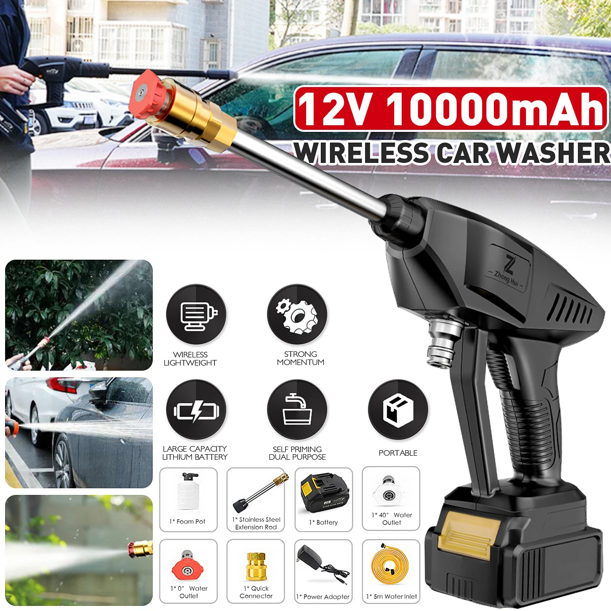 

200W High Pressure Washer Machine Handheld Auto Spray Powerful Car Washer Garden Nozzle Water Pump with 10000mAh Battery
