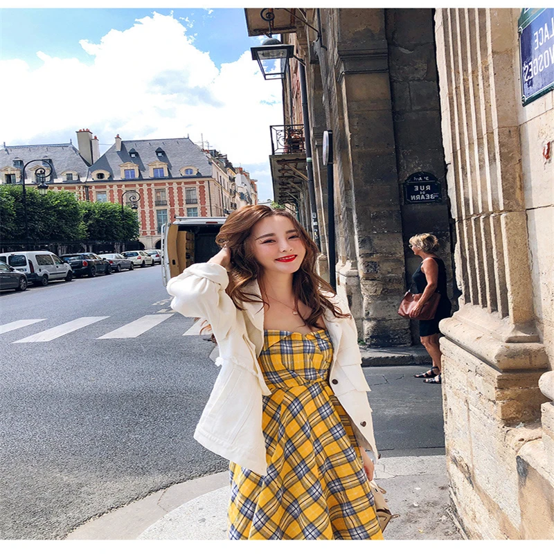 

Check halter 2020 summer new dress women's shoulder, waist and thin