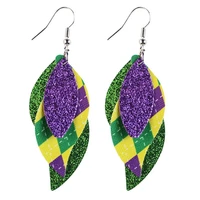 2021 new mardi gras earrings carnival fashipn purple green gold color pu leather leaf md earrings jewelry wholesale