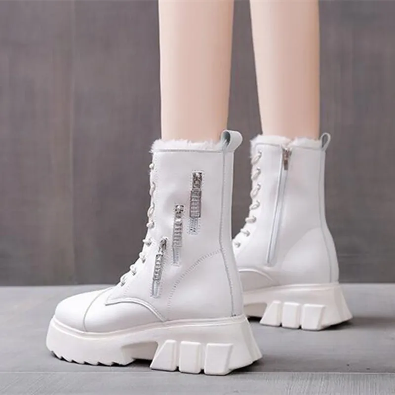 Leather Boots Women Punk Style Platform Boots Wedges Shoes for Women Black White Shoes Woman Snow Boot Warm Winter Fashion Shoes