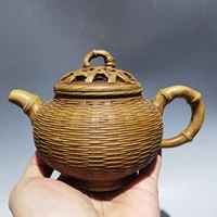 6chinese yixing zisha pottery hand carved bamboo flat pot kettle duan ni teapot pot tea maker office ornaments