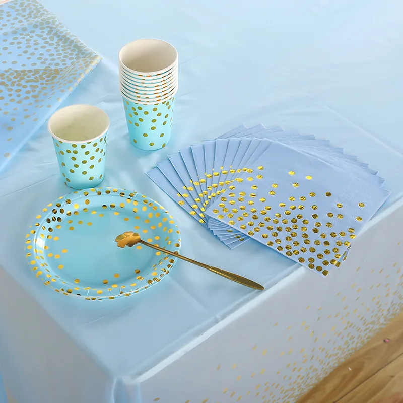 

Blue Birthday Party Disposable Tableware Suit Bronzing Dot Paper Plates Paper Towel Tablecloth Dinner Set Decoration Products
