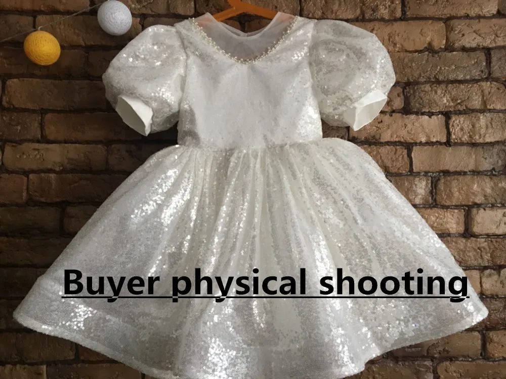 white Sequin Girl Dress Baptismal dress for infant elegant Party Girls Dresses Big bow tutu princess Wedding Baby | Детская одежда и