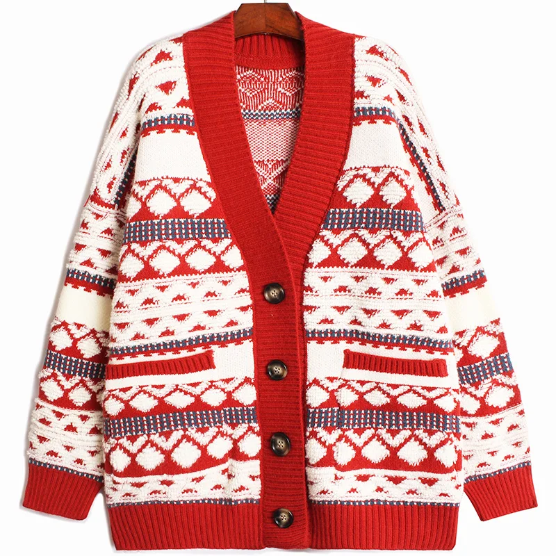 

Red Pattern Big Size Knitting Cardigan Sweater Loose Fit V-Neck Long Sleeve Women New Fashion Autumn Winter 2021 U780