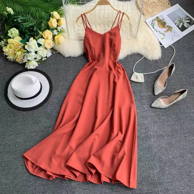 

New-Coming Spring Summer Holiday Long Dress Cross Spaghetti Strap Open Back Beach Style Ankle-Length Women Dresses