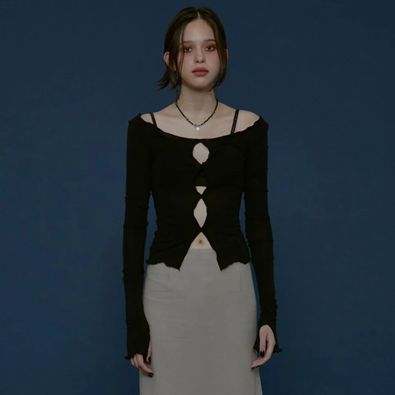 Punk Style Off Shoulder T-Shirts Womem Long Sleeve Striped Line Strap Tees Hollow Patch Split Crop Top Girls Street Clothes | Женская