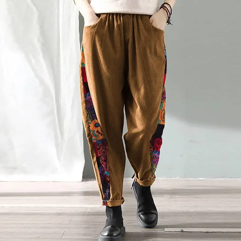 Женские брюки лоскутного покроя с принтом вельветовые карманами винтажные