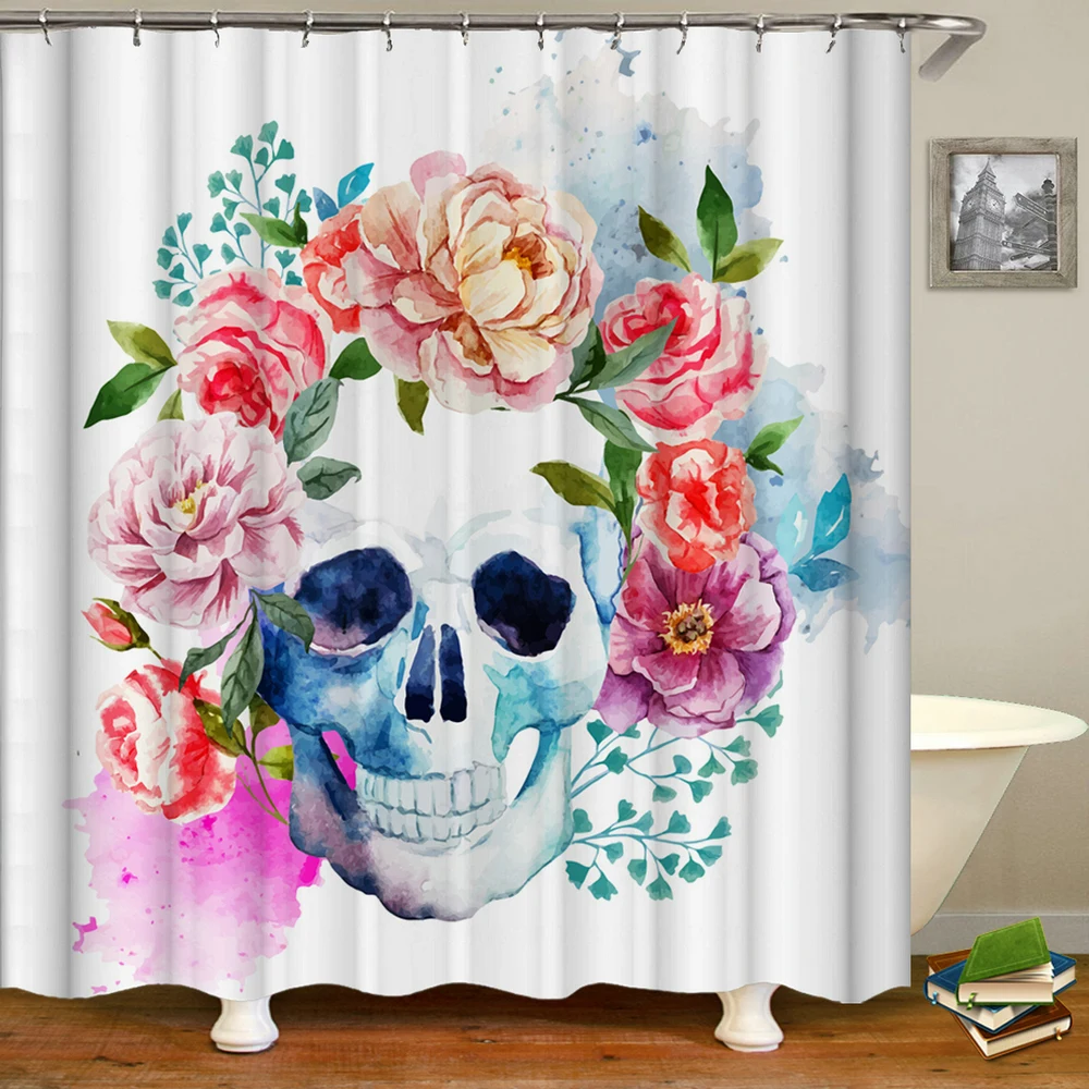 

Занавеска для душа с 3d рисунком черепа и цветов, s, занавеска для ванной с 12 крючками, водонепроницаемая Полиэстеровая ткань 180*180 см