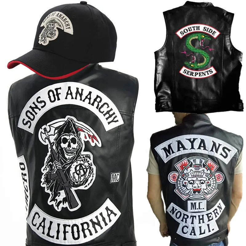 

Serpents Waistcoat Sons Cosplay Costume Black Motorcycle Sleeveless Jacket South Side of Anarchy Embroidery Leather Rock Vest