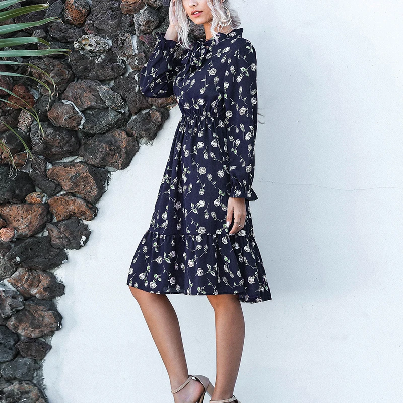 

Autumn Midi Bow Lace Up Dress Long Sleeve Ruffles Women Print Casual A-Line Yellow Sundress Female Holiday Party Vestidos 2021