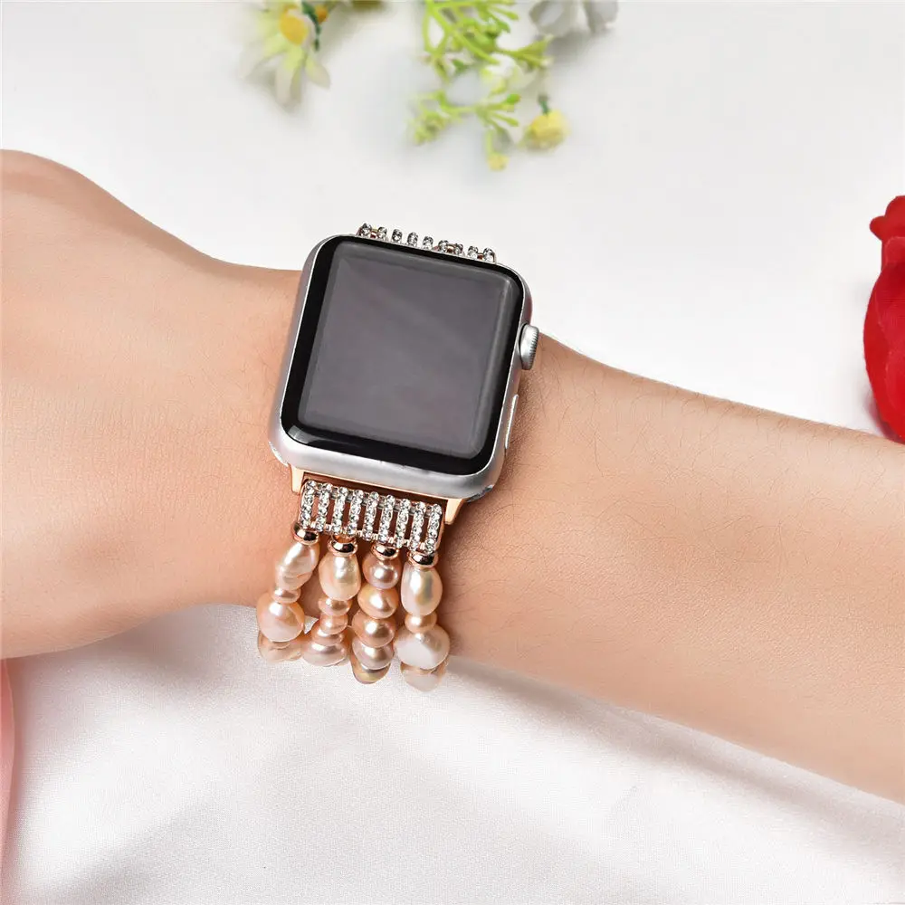 Браслет из натурального жемчуга для Apple Watch 38 мм 40 42 44 Женский Кристальный браслет