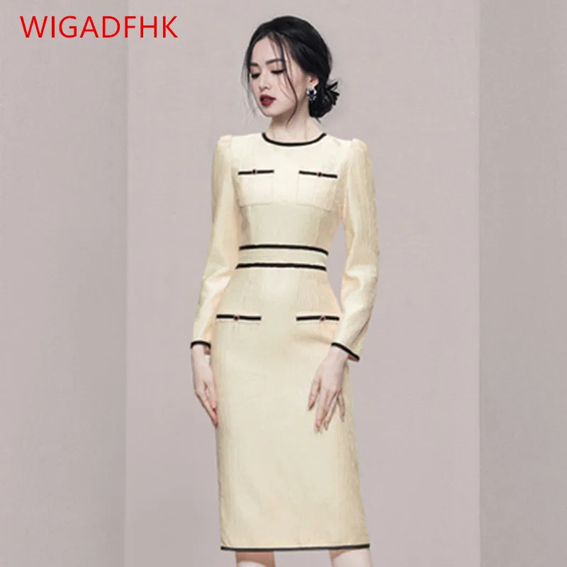 

Autumn And Winter Women's Small Fragrance Dress 2021 Korean Round Neck Waist Mid-length Contrast Color Package Hip Skirt
