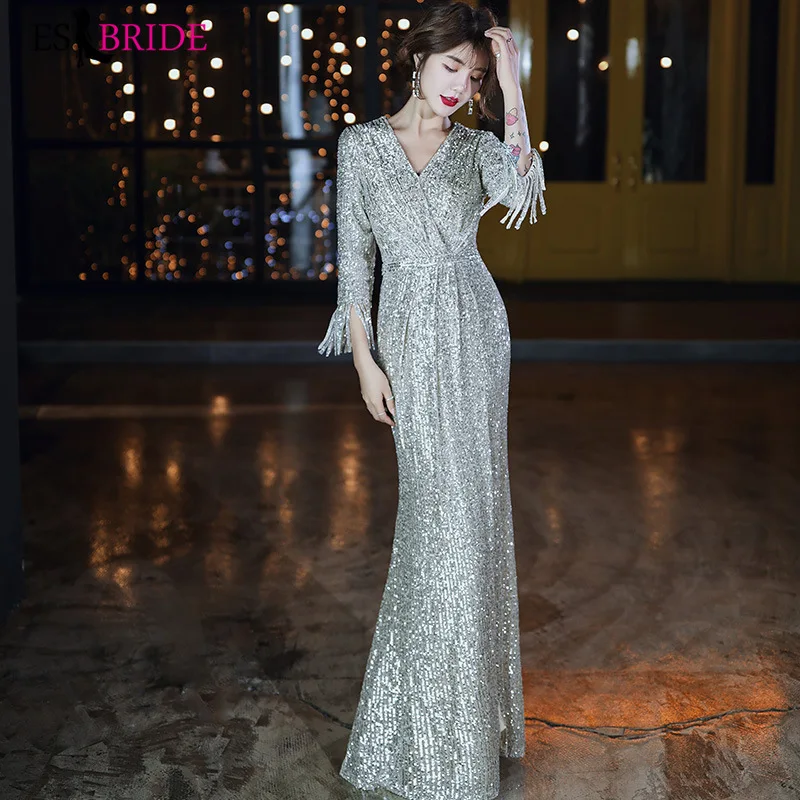 Женское вечернее платье русалка элегантное серебристое длинное с длинным
