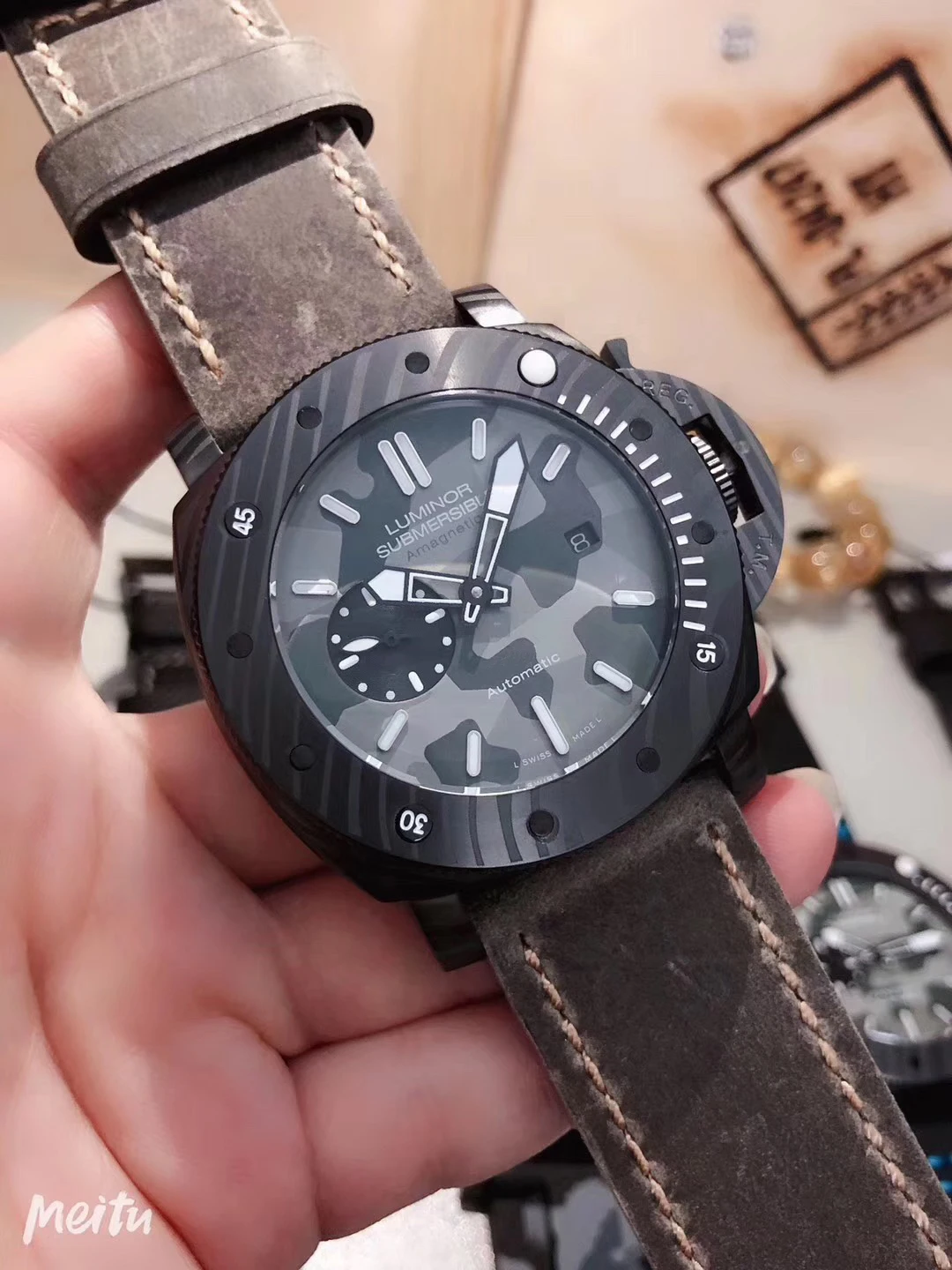 Grey Leather Роскошные брендовые Новые Мужские автоматические механические сапфировые Carbotech часы холщовые кожаные резиновые светящиеся спортивные черные часы 47 мм - Цвет: Grey Leather