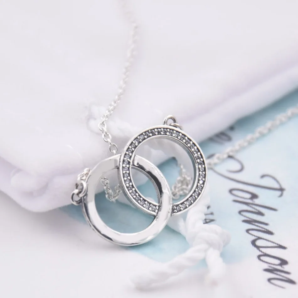 

New 925 Sterling Silver Necklace Two Interlocking Logo Circles With Crystal Necklace For Women Wedding Gift Diy Fine Jewelry