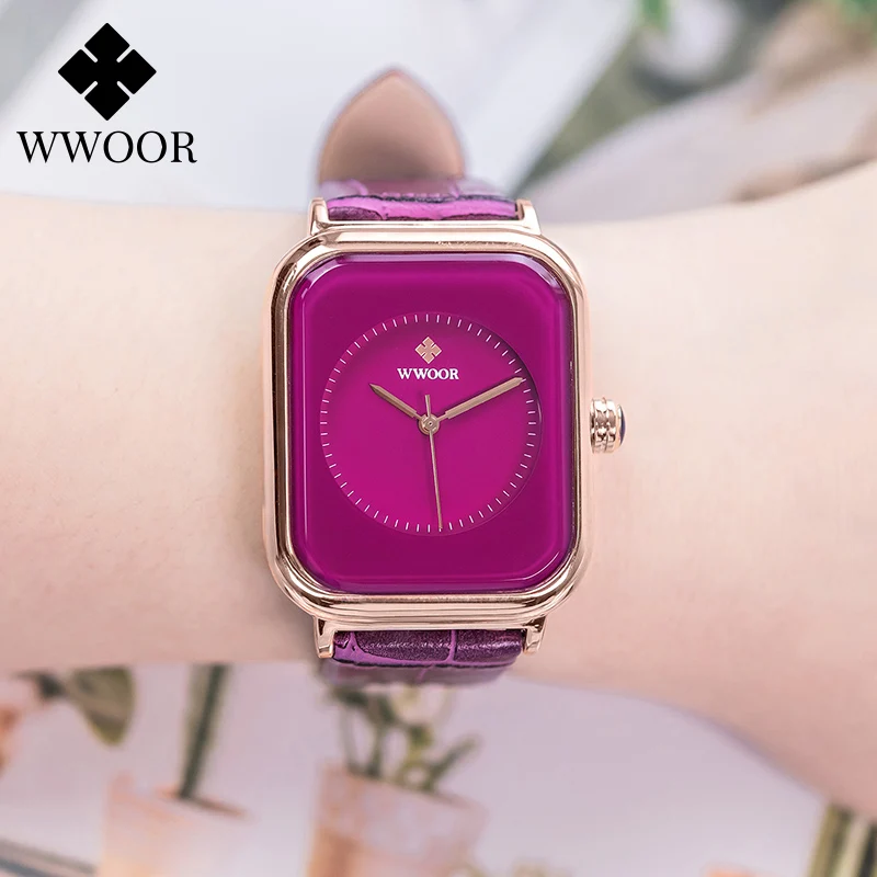 WWOOR Purple Watch For Women Quartz Rectangle Watch Luxury Ladies Dress Wristwatch Leather Casual Female Clock Relogio Feminino