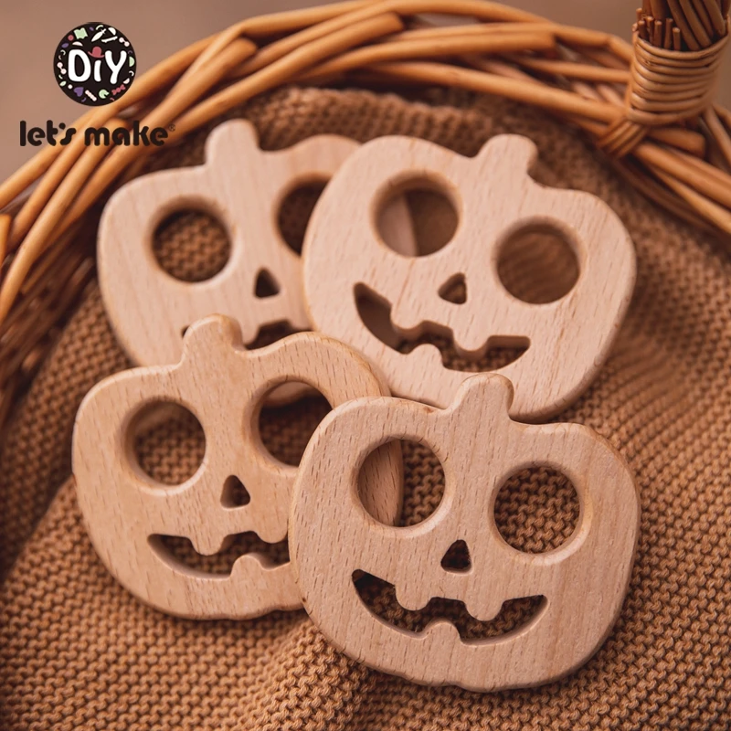Let's Make-mordedor de madera de haya para beb&eacute;s, juguetes de Halloween, Cr&aacute;neo de calabaza, C&iacute;rculo de dentici&oacute;n, mordedores de madera para reci&eacute;n nacidos, DIY, 5 uds.-2