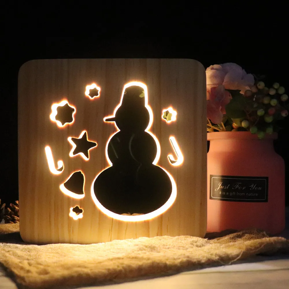 Creative 3D Carved Wood Table Lamp Snowman Santa Claus Christmas Tree LED Night Light Bedroom Bedside Desk Light Home Decoration