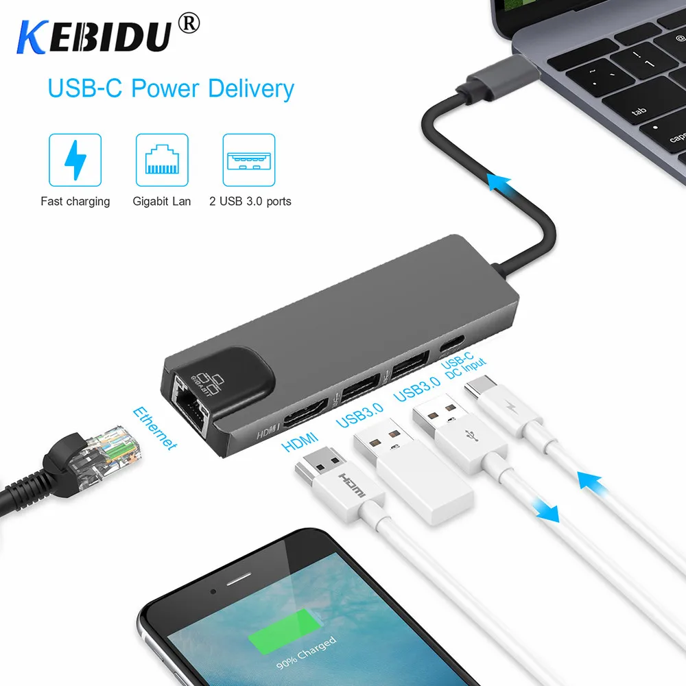 Быстрая зарядка 5 в 1 концентратор USB Type C HDMI с поддержкой 4K до Gigabit Ethernet Rj45 сетевой