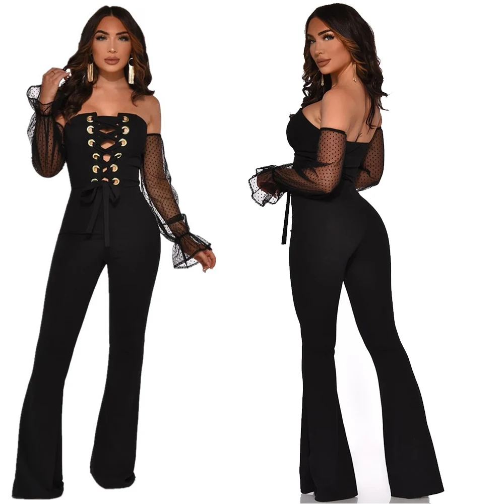 2020 Spring Sexy Sheer Mesh Hollow Out Bandage Night Party Jumpsuit Women Polka Dot Long Sleeeve Strapleless Outfit Rompers | Женская