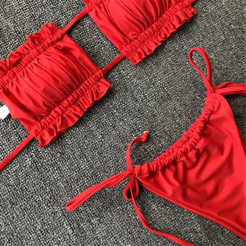 

Sexy Bikini 2021 Pleated Bandeau Swimsuit Female Swimwear Women Mini Thong Bikini Set Bather Swimming Beachwear For Bathing Suit