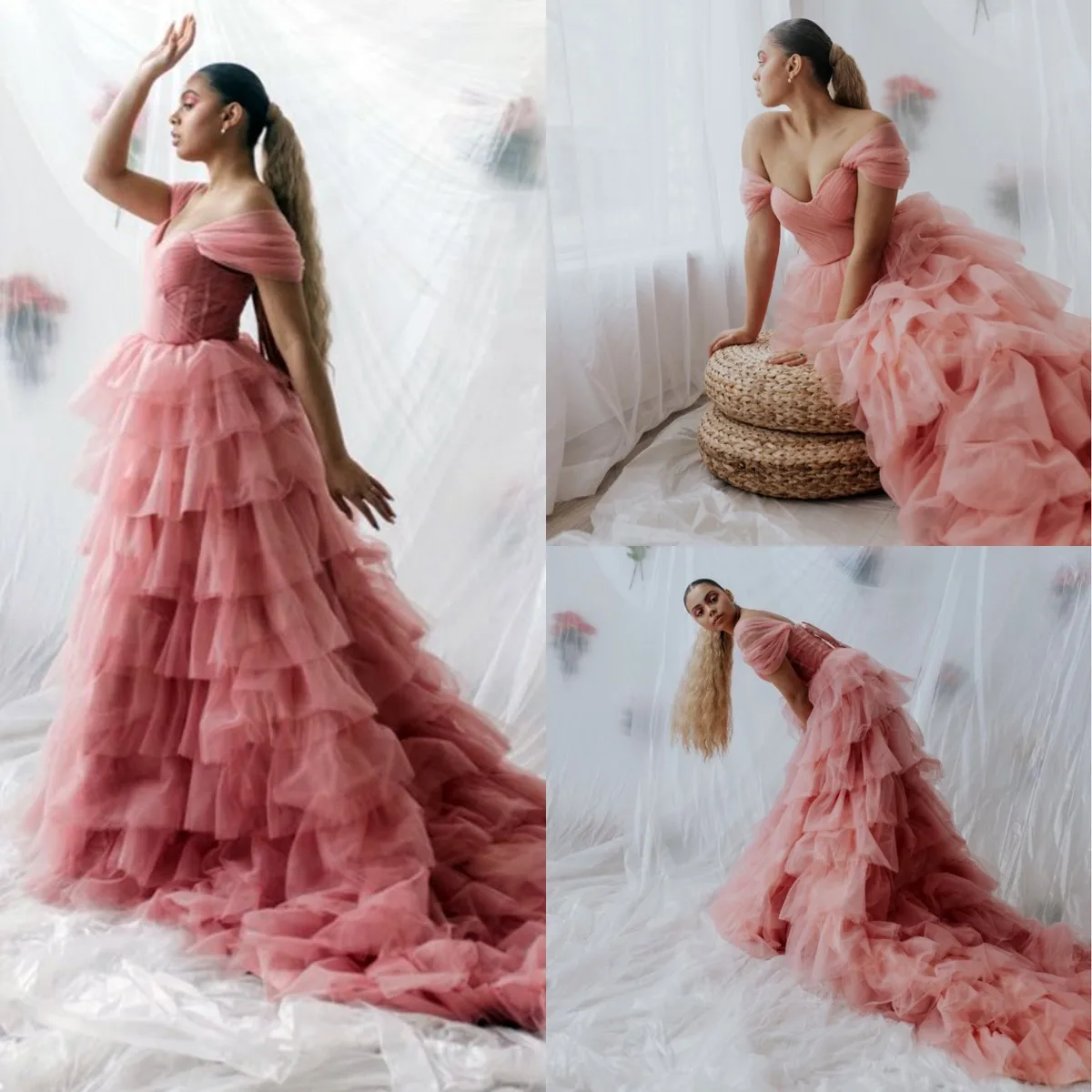 

Peach Pink 2022 Prom Dress Off The Shoulder Evening Dresses Lush Tulle Puffy Fluffy Maternity Dress For Photoshoot