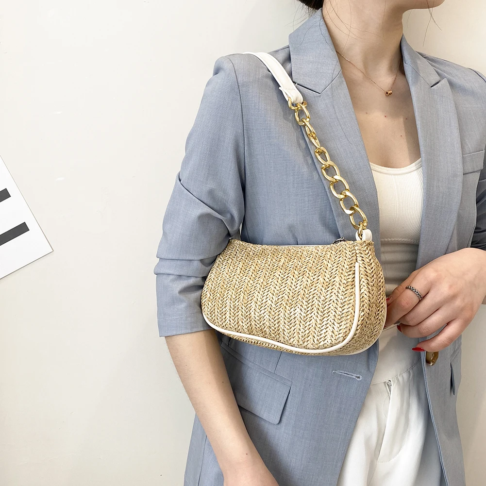 

Vintage Women Woven Chain Shoulder Underarm Bag Casual Ladies Summer Vacation Patchwork Small Purse Handbags