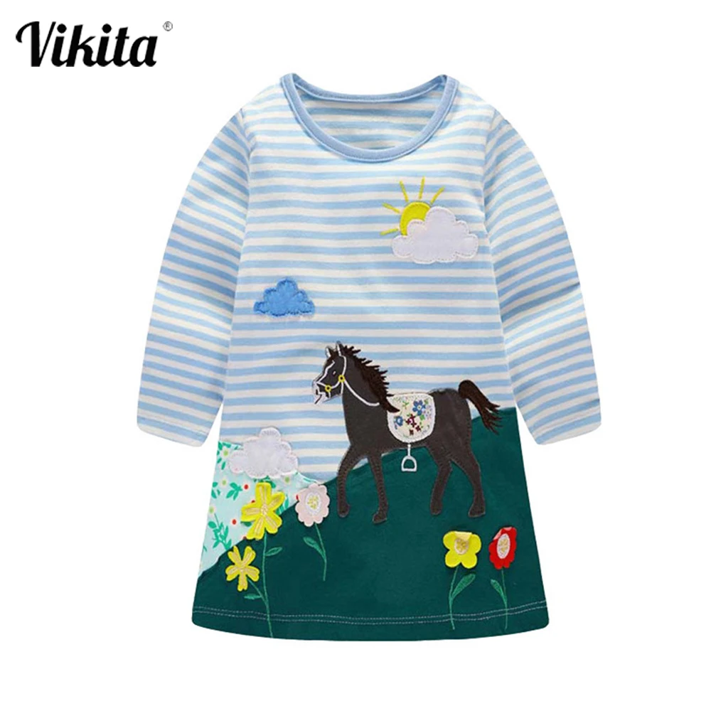 VIKITA-vestido a rayas con apliques de animales para ni&ntilde;a, vestidos de algod&oacute;n para ni&ntilde;a, ropa informal de manga larga-0