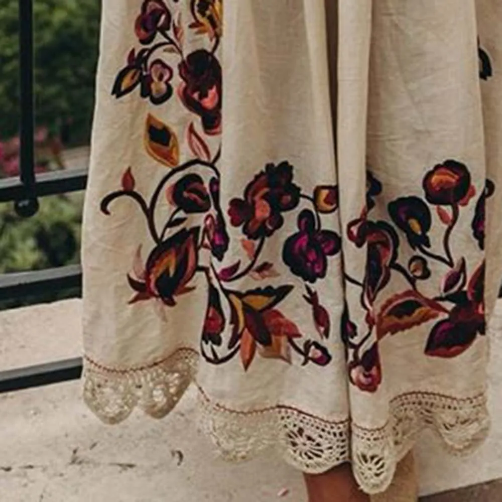 Female Deep V-Neck Lantern Sleeve Boho Maxi Dresses Women's Beach Sundress Floral Pullover Bohemia Vestidos Autumn Fall |