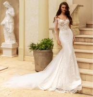 muslim wedding dresses mermaid long sleeves tulle appliques lace boho dubai arabic wedding gown bridal dress vestido de noiva
