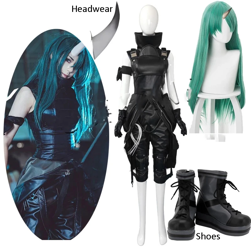 

Game Arknights Hoshiguma Uniform Cosplay Costume Leather Jumpsuits Suit Horn Boots Halloween Women Girls Cosplay Wig shoes