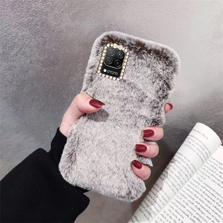 

HuaWei P40 Lite Case winter Keep warm Rabbit fur Phone Case For HuaWei P40 Lite Shiny diamond Silicone shockproof Back Cover