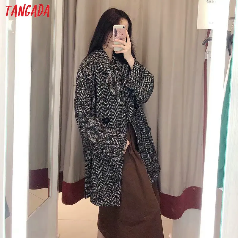 Tangada женское винтажное плотное длинное пальто на пуговицах зимнее элегантное офисное теплое пальто винтажная верхняя одежда с длинным рукавом 4M24